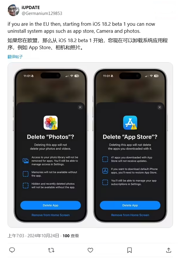 永兴苹果手机维修分享iOS 18.2 支持删除 App Store 应用商店 