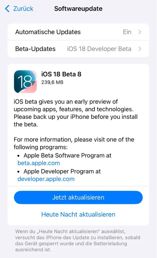 永兴苹果手机维修分享苹果 iOS / iPadOS 18 开发者预览版 Beta 8 发布 